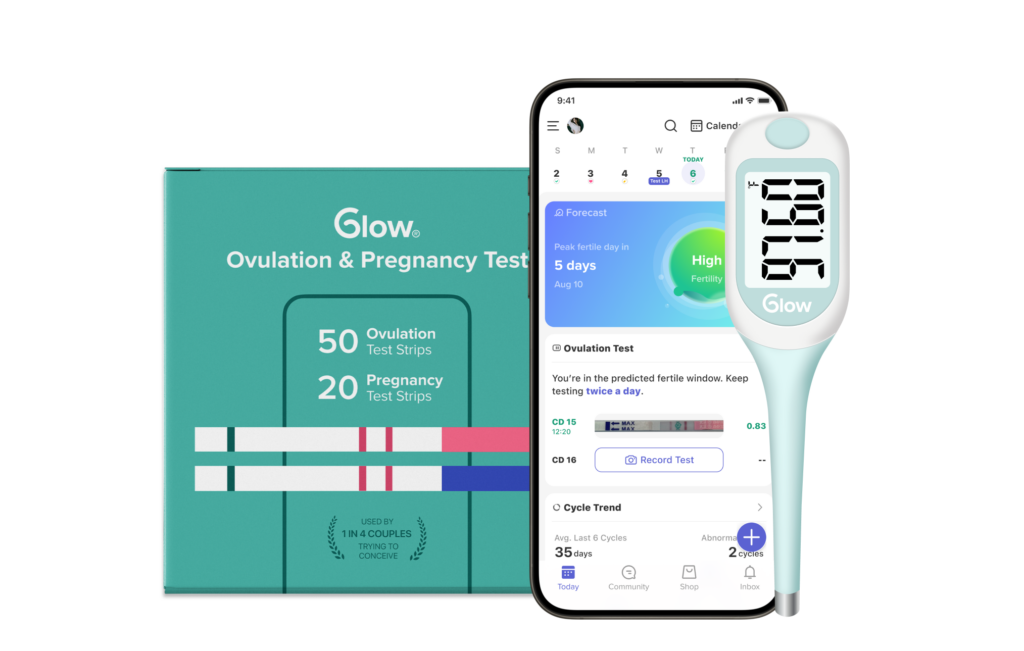 Glow’s ovulation and pregnancy test strips, basal temperature thermometer, and app screen in a phone tracking basal temperature