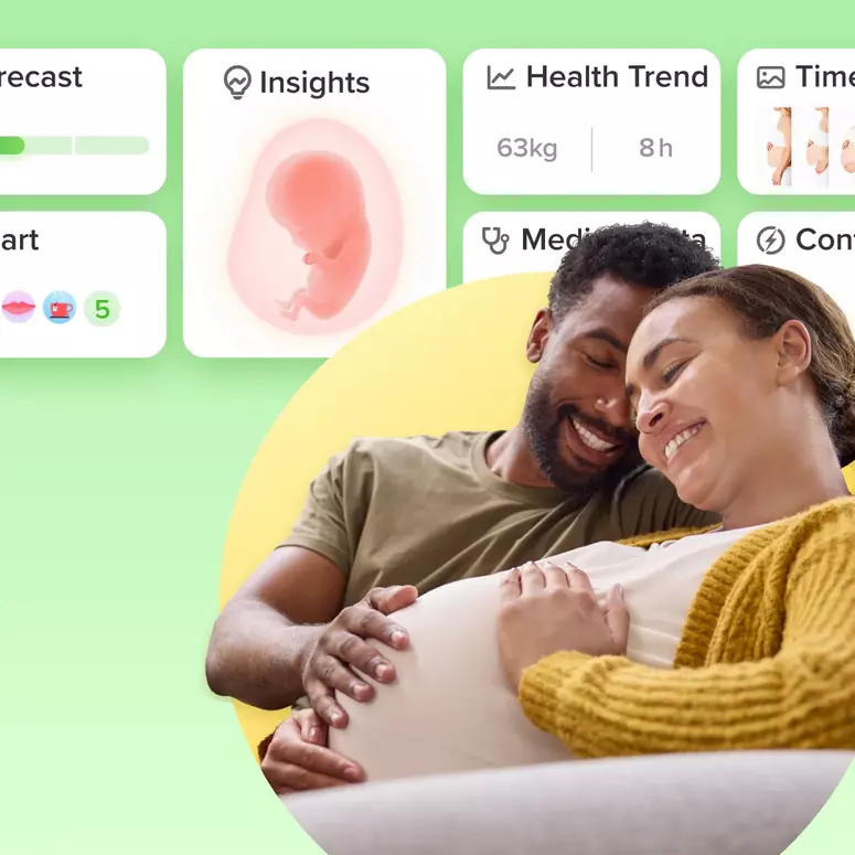 A screenshot of Glow’s baby tracking app called Nurture overlaid by a smiling pregnant couple